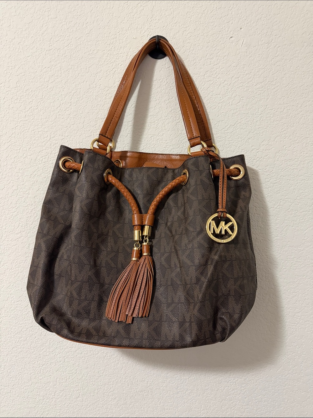 Michael Kors Brown Logo Canvas Drawstring Shoulder Tote with Tan Trim